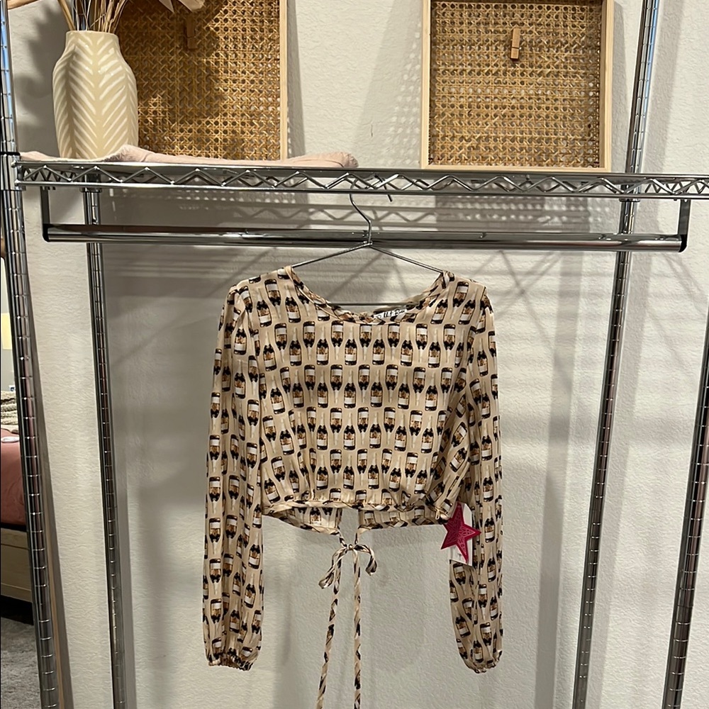 Champagne bottle Tie Long Sleeve Crop Blouse